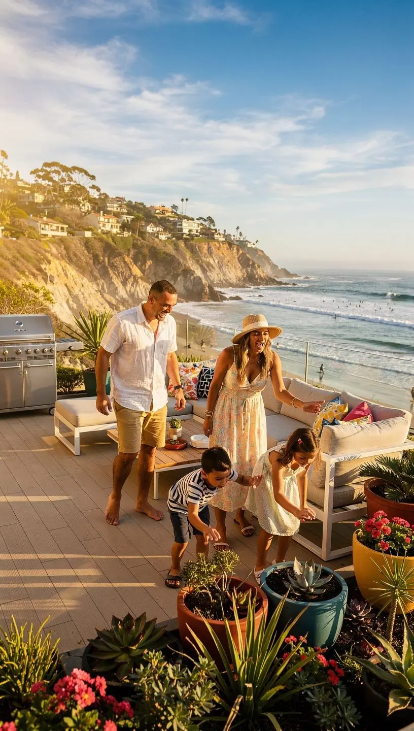 Rodzina przeglądająca oferty wynajmu mieszkań w nadmorskiej lokalizacji