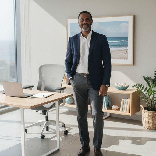 Widok na plażę z domami w tle, symbolizujący życie nadmorskie